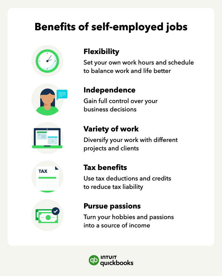 An illustration of the benefits of self-employed jobs, such as tax benefits and greater flexibility and independence.