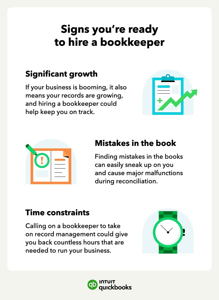 A graphic breaks down the signs that you may be ready for a bookkeeper, which may cause you to ask, "How much does a bookkeeper cost?"