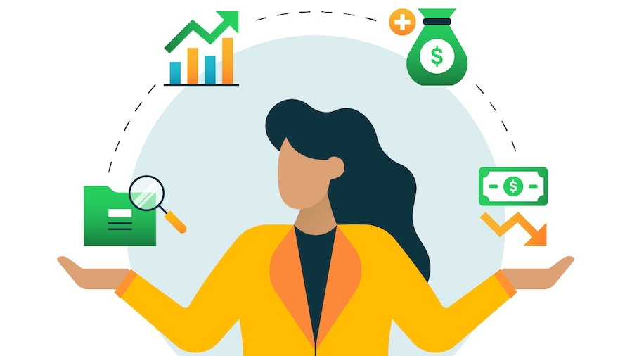 An illustration of a small business accountant with a yellow blazer and long black hair, shown balancing icons that represent business financials, tax filings, and business growth.