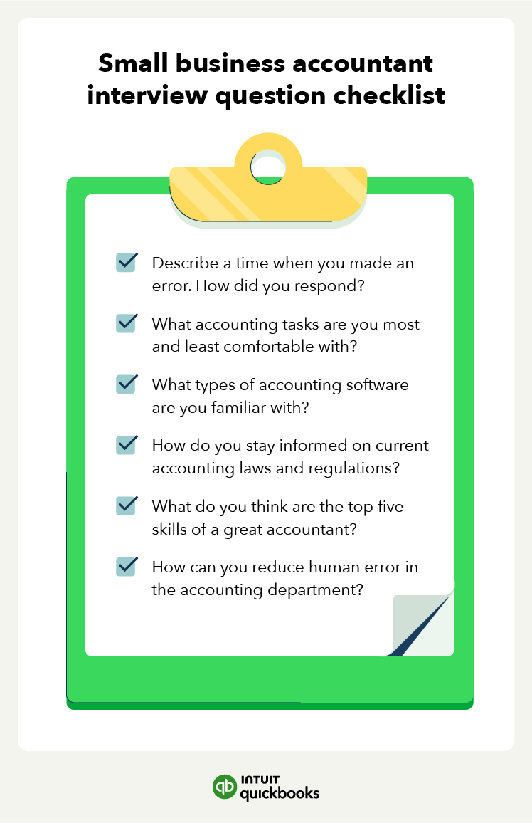 An image features an interview question checklist for hiring an accountant for a small business.