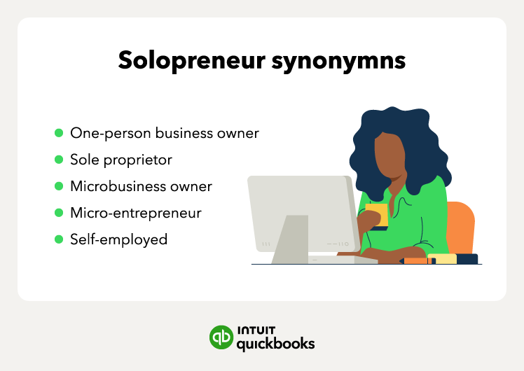 An illustration of solopreneur synonyms, such as sole proprietor and self-employed.
