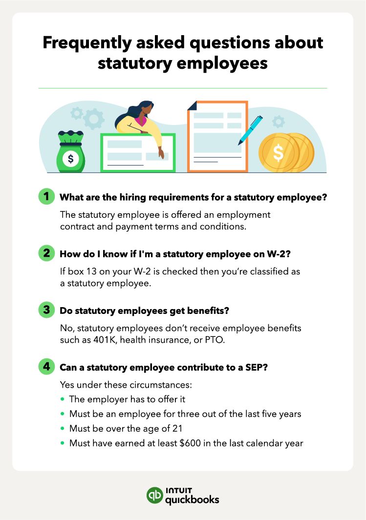 Frequently asked questions about statutory employees and their best answers. Features an image of a woman with a check and a green bag with a dollar sign on the front.