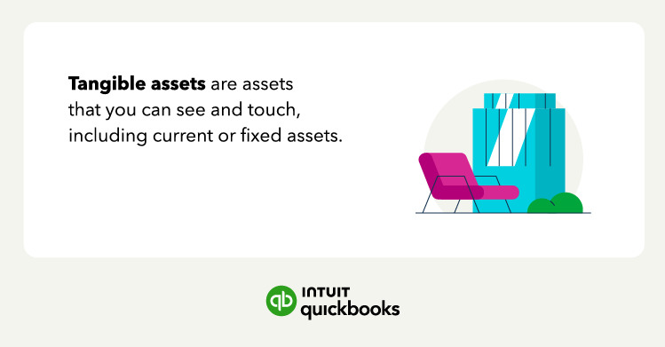 A definition of tangible assets, which are assets that you can see and touch, including current or fixed assets.