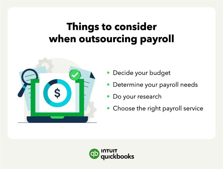 A graphic showcases the things to consider when outsourcing payroll.