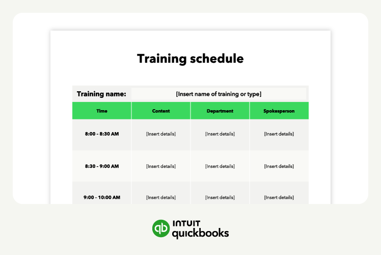 A screenshot of a training time schedule template.