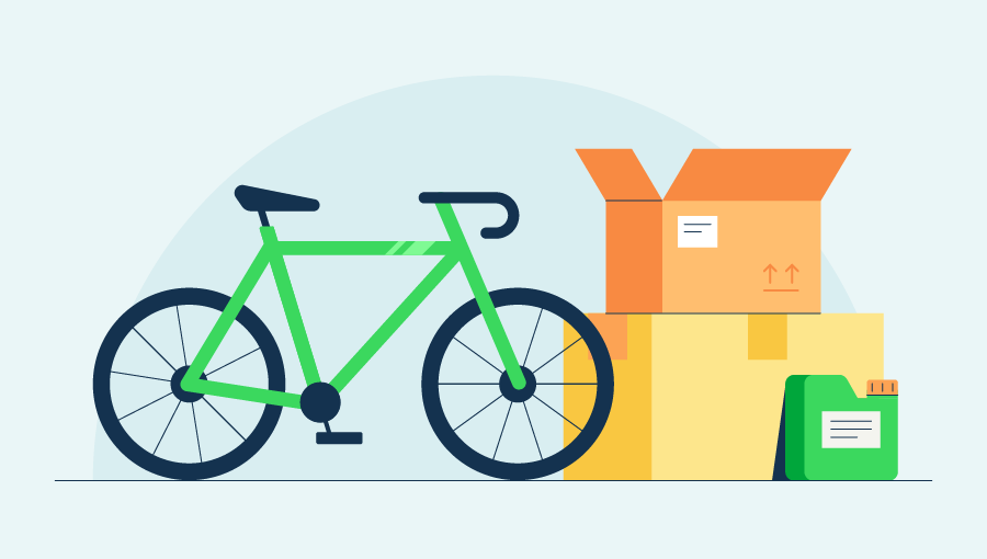 An illustration of a bike with packing boxes to indicate different types of inventory.