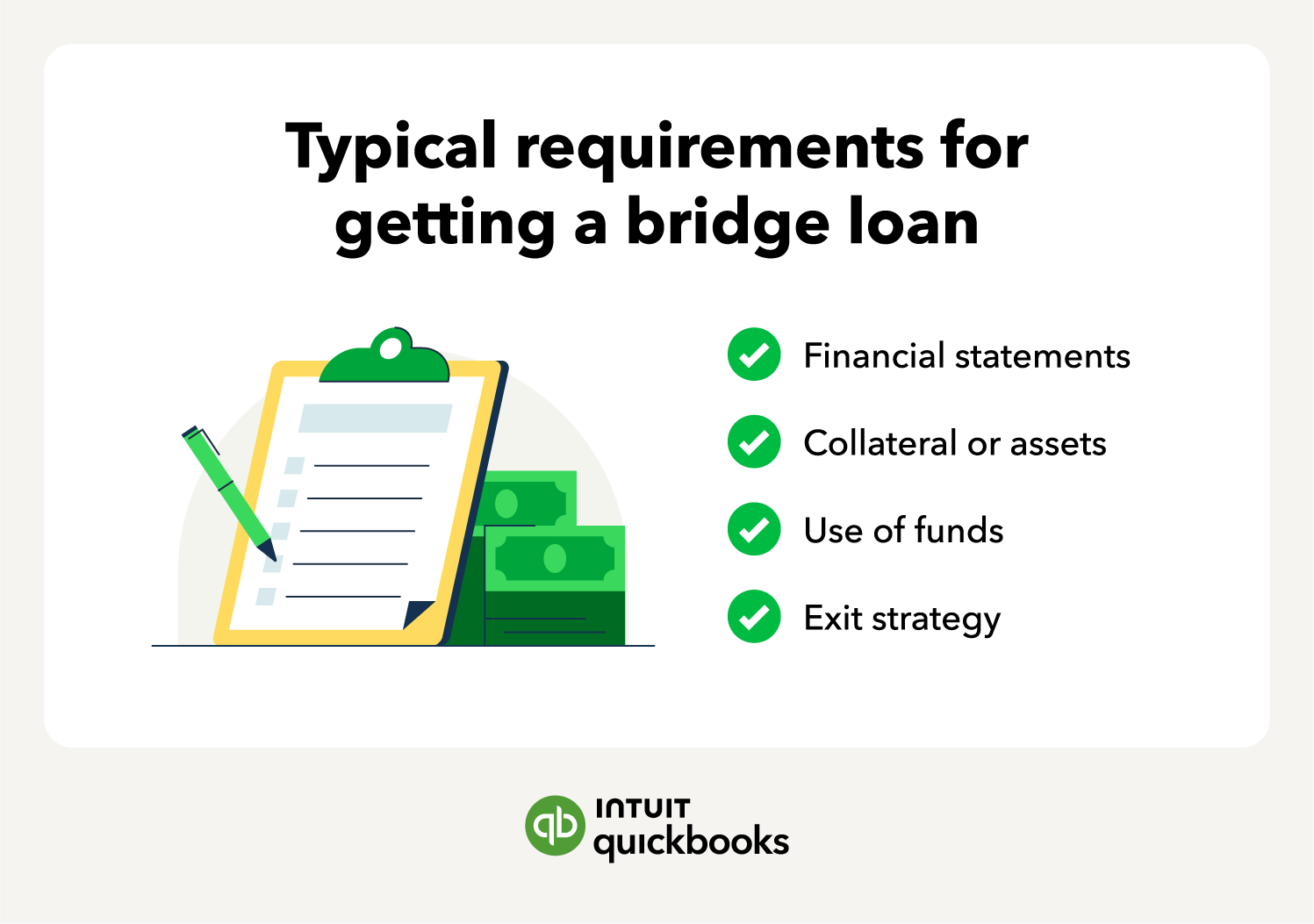 An illustration of the typical requirements for getting a bridge loan, such as financial statements and an exit strategy.