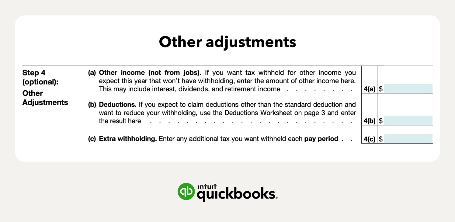 Step 4 of the 2022 W-4 Form is an optional section; this allows you to claim other income and deductions.