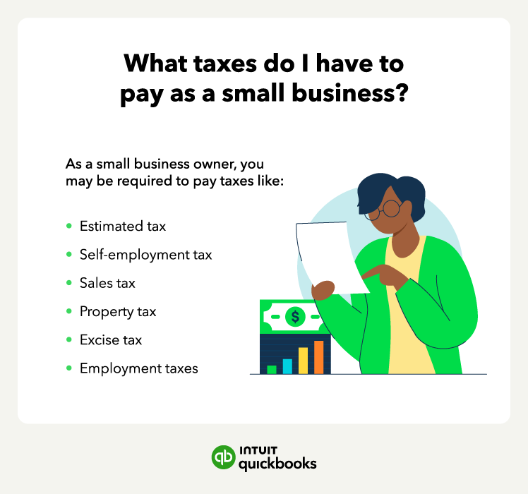 What taxes do I have to pay as a small business? As a small business owner, you may be required to pay taxes like estimated tax, self-employment tax, sales tax, property tax, excise tax, and employment taxes.