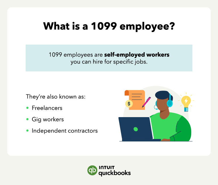 1099 employees are self-employed workers you can hire for specific jobs, known as freelancers, gig workers, or independent contractors. An illustration shows a person in a green shirt and blue headphones working at a laptop.