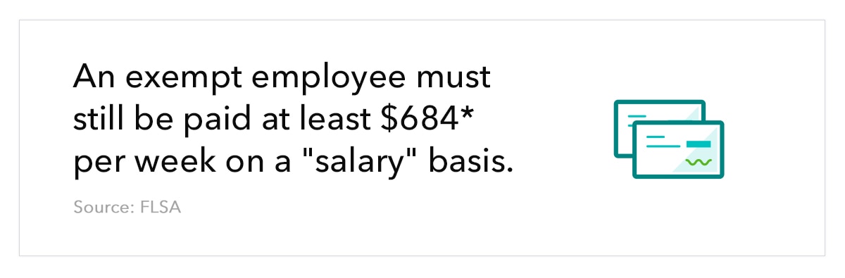 Graphic of paystubs, accompanied by text that reads ``An exempt employee must still be paid at least $684* per week on a ``salary`` basis.`` Source: FLSA