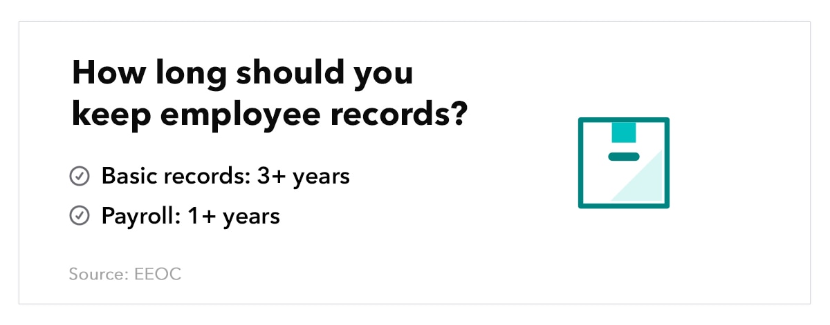 Graphic of a filing drawer, accompanied by text that reads "How long do you keep employee records? Basic records: 3+ years; Payroll: 3+ years."