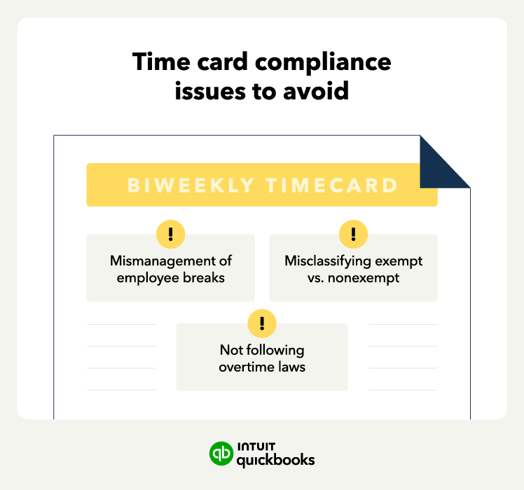 An illustration of time card compliance issues to avoid, such as mismanagement of employee breaks.