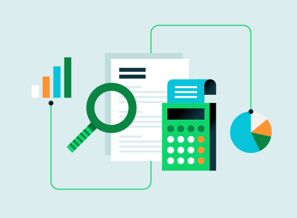 Business budget template with magnifying glass and calculator