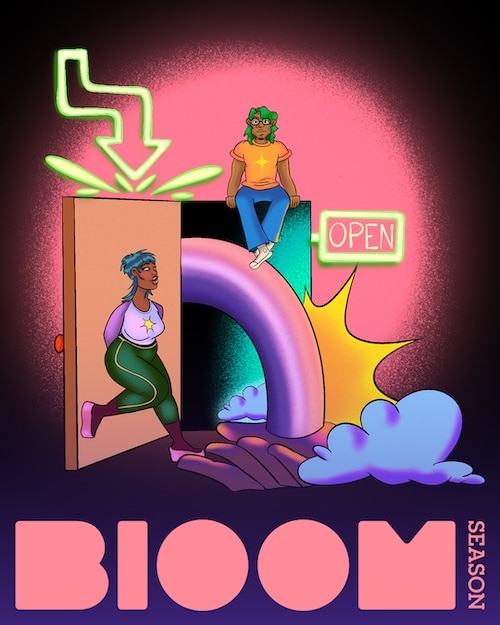 illustration of two people in a dark room with neon signs and a rainbow pouring out of an open door
