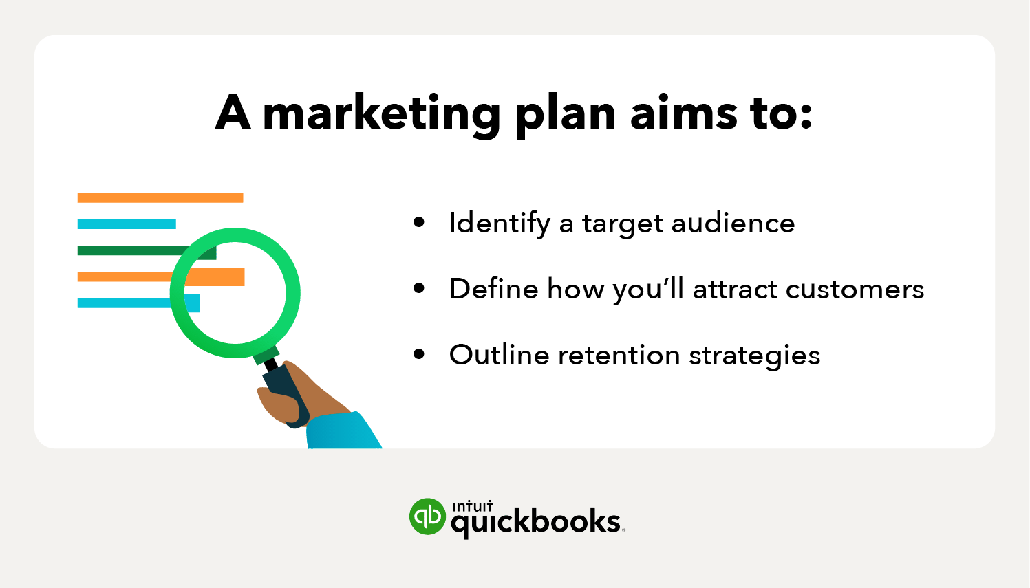 a hand holding a magnifying glass and some bullet points covering what a marketing plan aims to do.