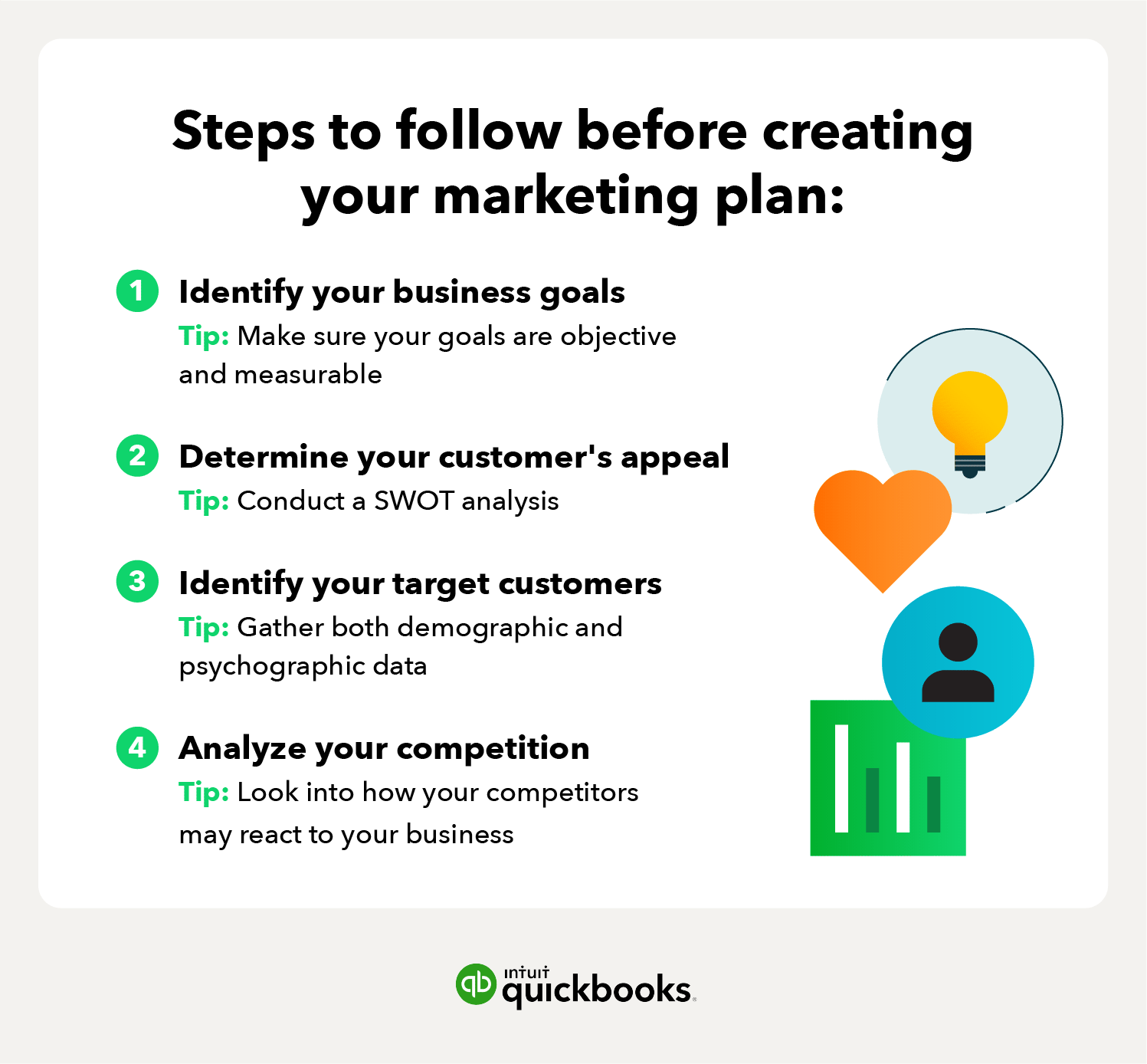 steps to follow before creating a marketing plan with icons like a green graph, orange heart, yellow lightbulb, and blue person sign