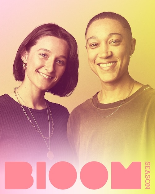 image of two people facing the camera and smiling with a colorful overlay