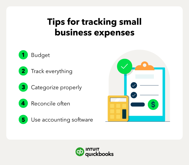 An illustration of the best ways to track small business expenses, including using a budget and reconciling often.