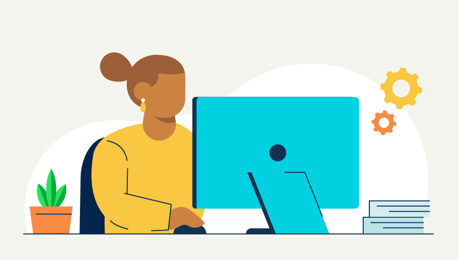 Illustration of a woman using a computer to find out the answer to the question: what is payroll?