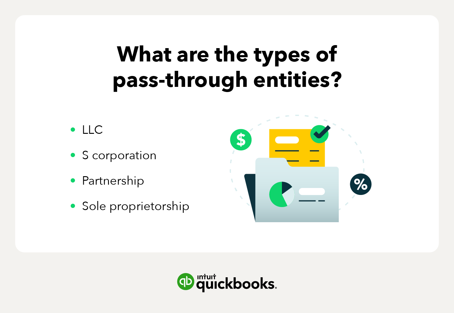 What are the types of pass-through entities? LLC, S corporation, Partnership, Sole proprietorship
