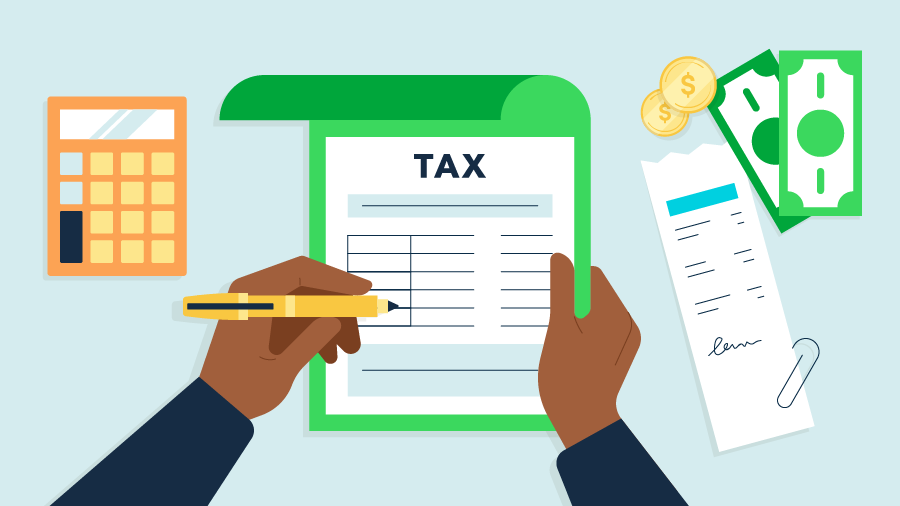 A person fills out tax forms while asking themselves, "What do I need to give my accountant for small business taxes?".