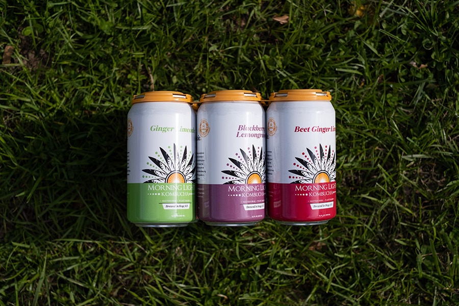 Three kombucha bottles sitting on a green lawn.