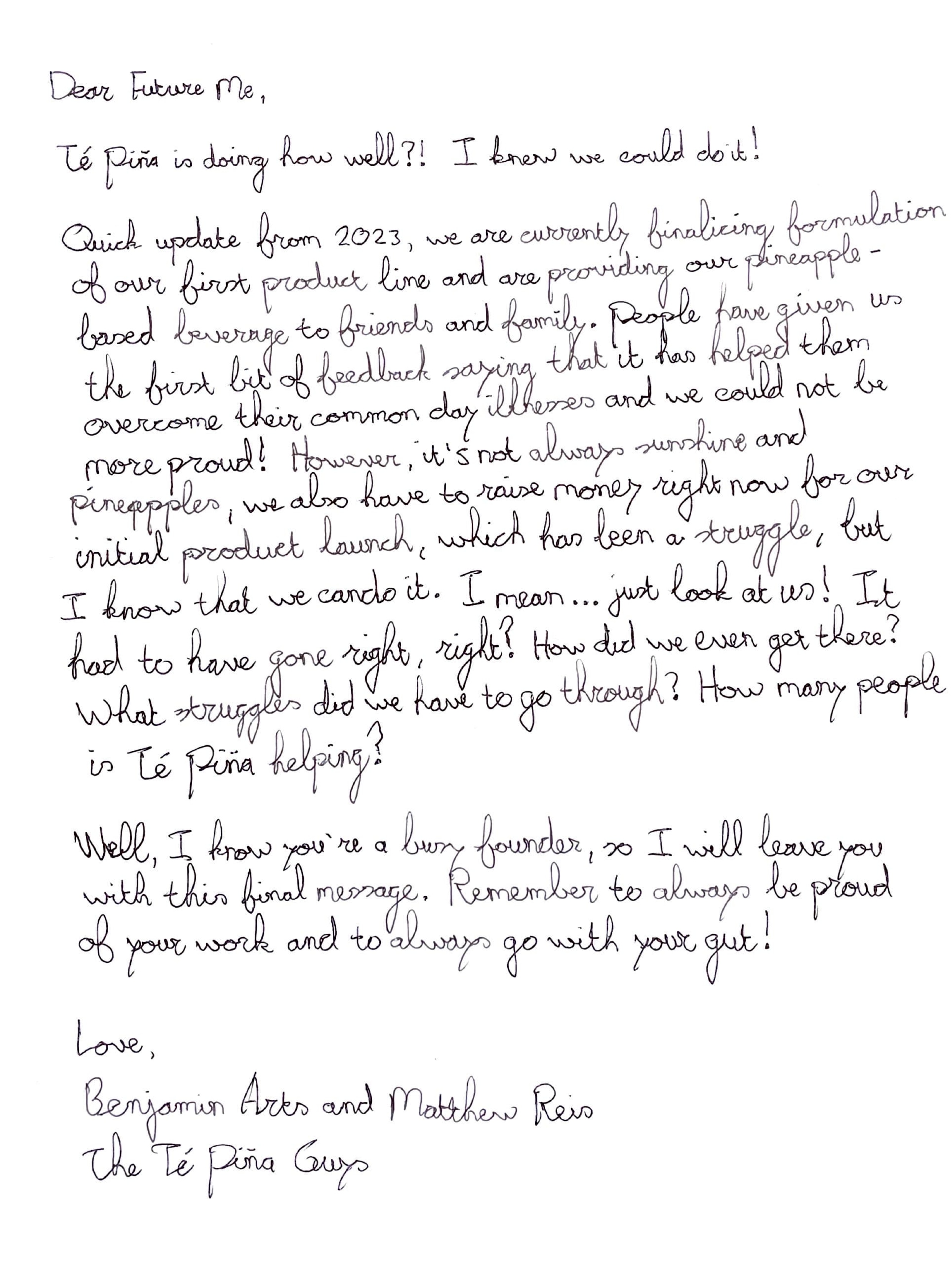 A handwritten letter by Benjamin Arts and Matthew Reis to their future selves. 