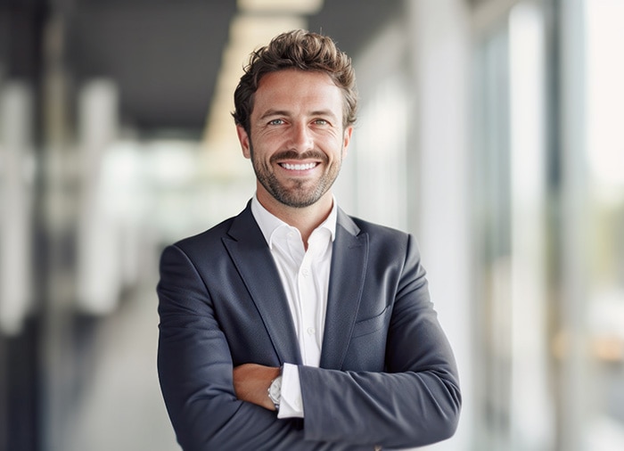 A person in a suit smiles while standing in a room.