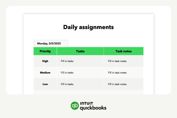 A daily assignment schedule showing the date, tasks, task notes, and priority of each task.