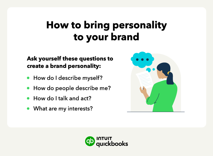 Woman reviewing a paper with the title 'How to bring personality to your brand' and questions about self-description, behavior, and interests, indicating a guide to infusing personality into brand building.