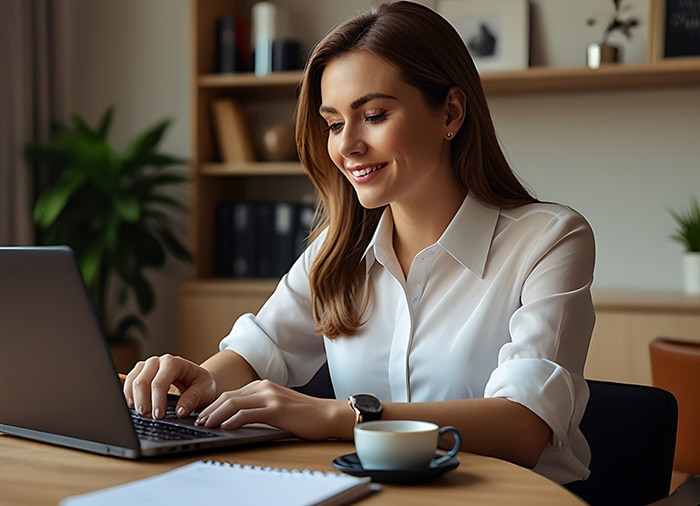 A person sitting at a desk with a laptop reading about Intuit Assist.