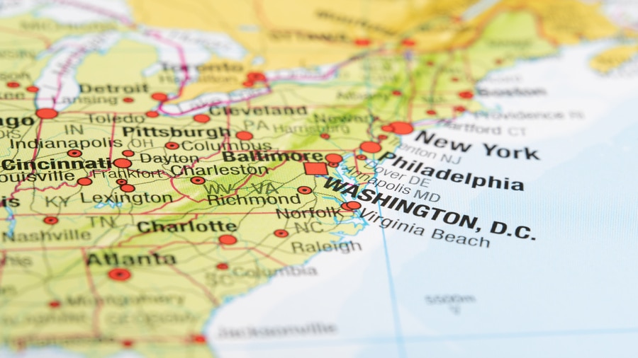 Close-up map of northeastern United States cities