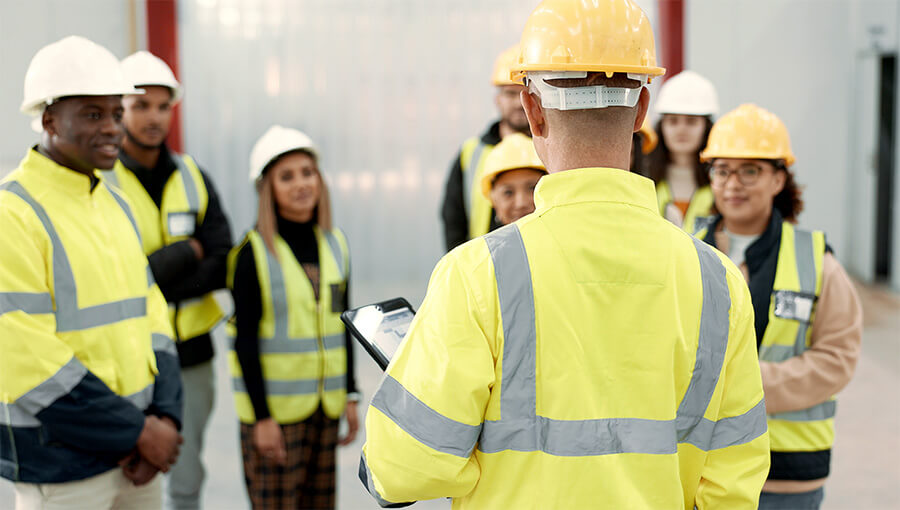 A group of construction workers doing on-the-job training.