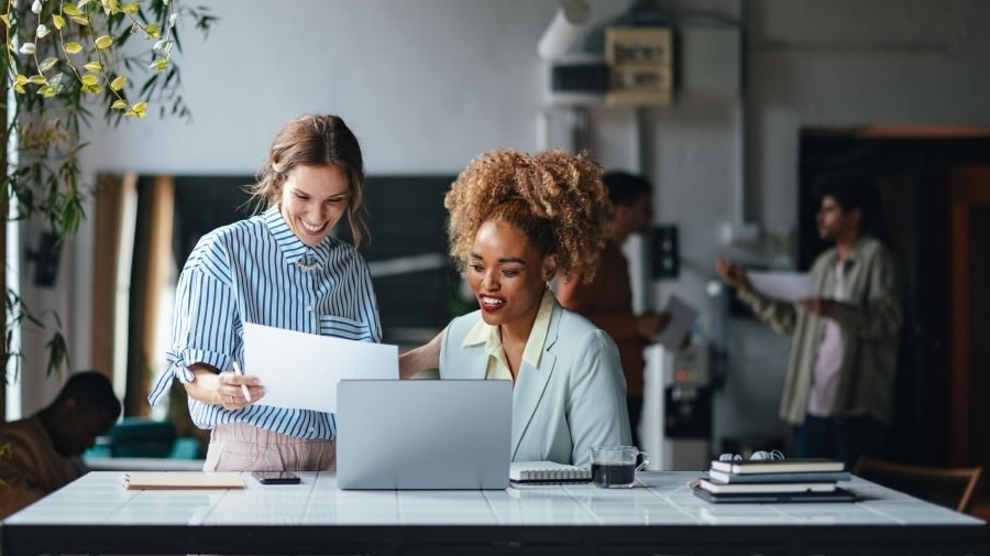 Collaborative team working in modern office space