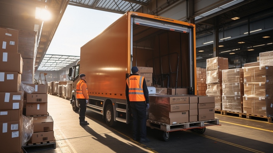 Two workers in orange vests organizing a shipment next to a delivery truck with a loaded pallet of cardboard boxes in a warehouse loading zone.