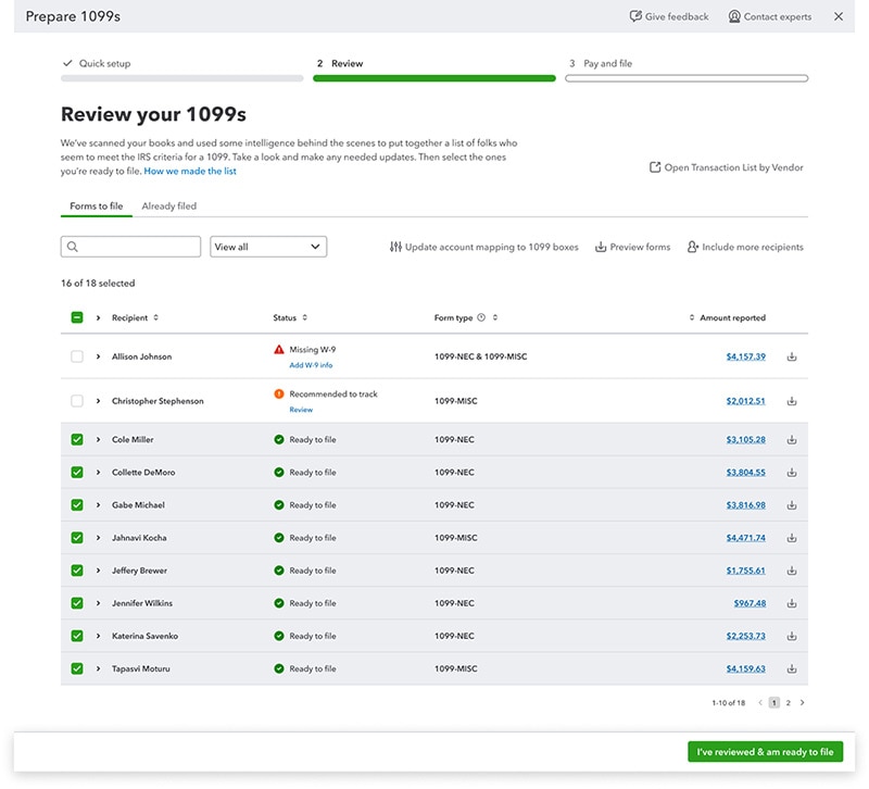 1099 review screenshot of QuickBooks Online