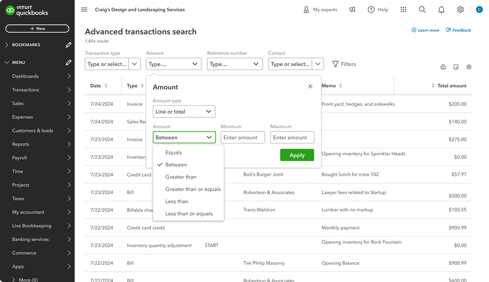 Advanced search for transactions in QuickBooks Online