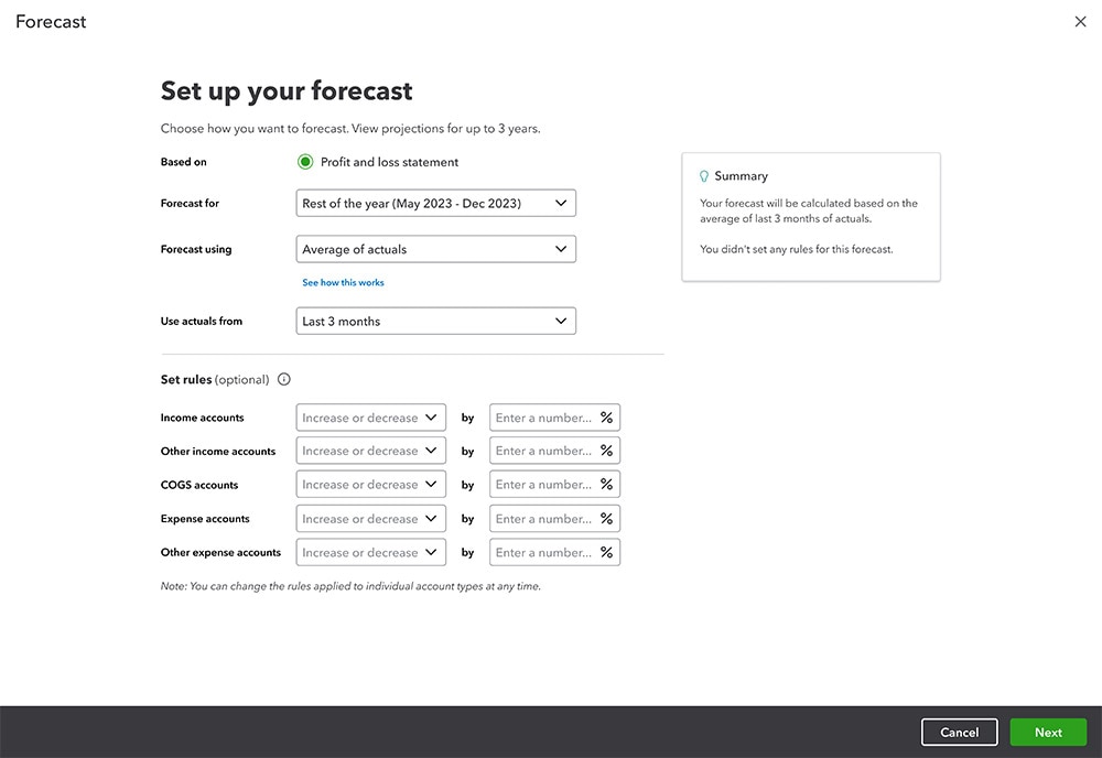 Forecasting in QuickBooks Online Advanced screenshot