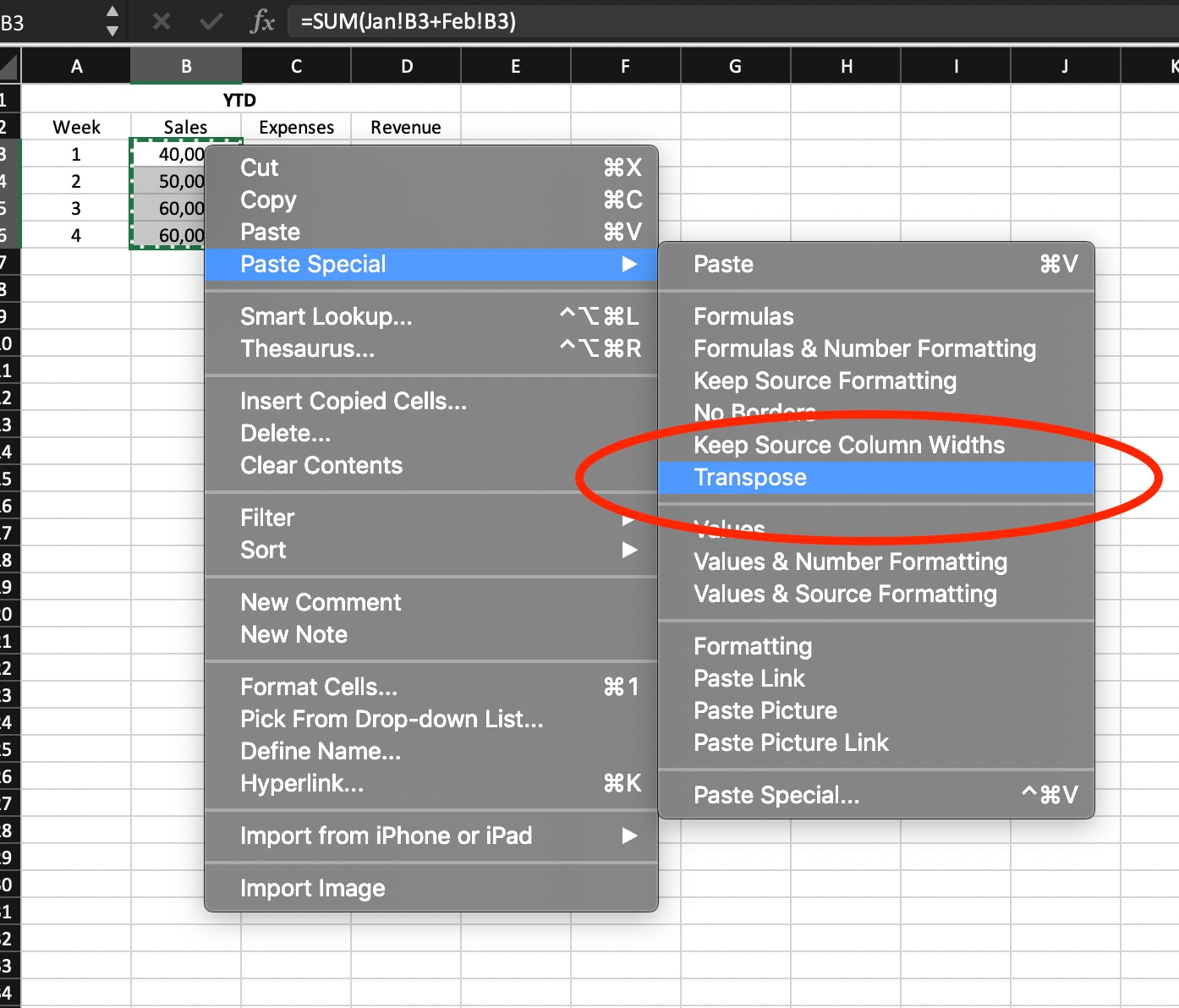 Screenshot of Excel spreadsheet, drop down menus showing Paste Special, with Transpose selected.