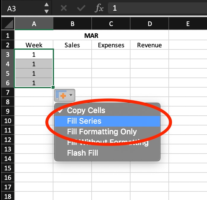 Screenshot of Excel spreadsheet, titled “MAR” with dropdown menu, Fill Series selected.