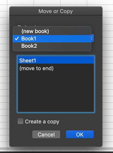 Screenshot of Excel spreadsheet dropdown, with “Book1…” option selected