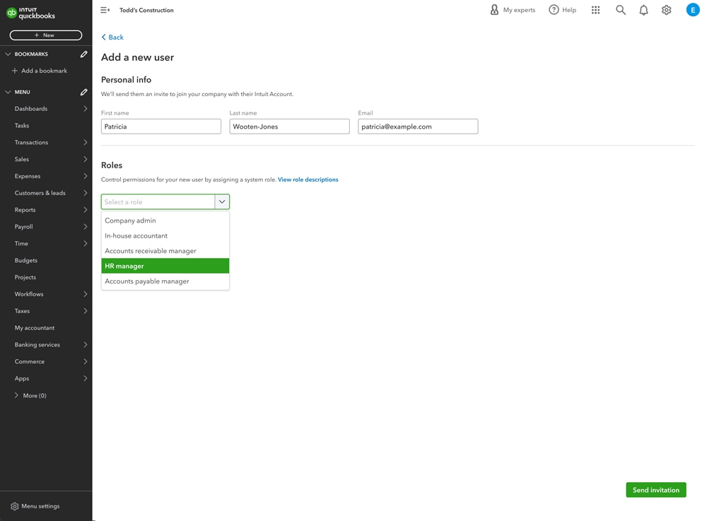 HR manager role in QuickBooks Online
