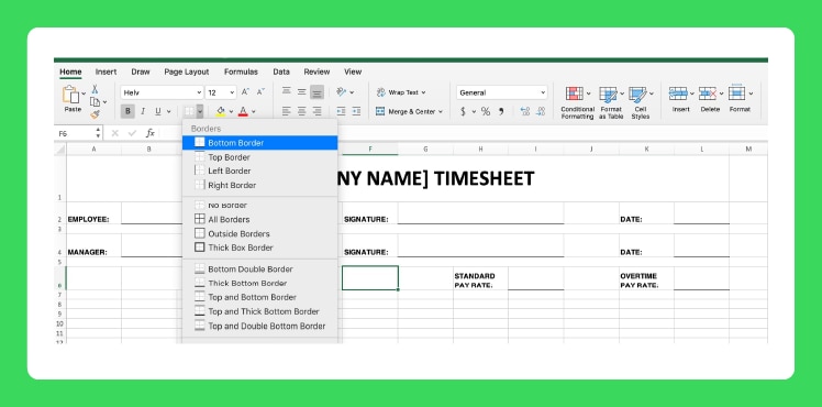 A screenshot explaining how to add borders to a timesheet in Excel.