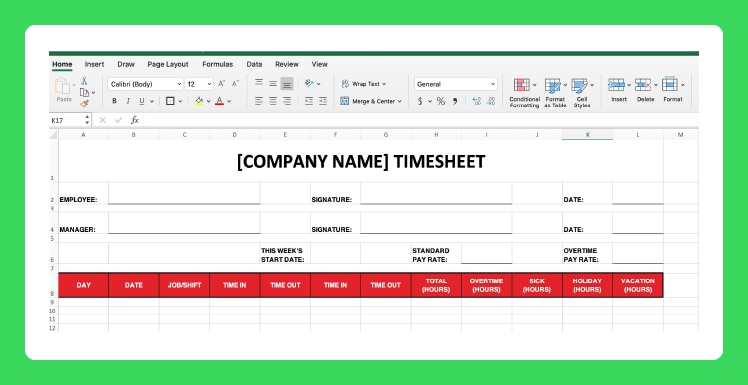 A screenshot explaining how to set up the timesheet in Excel.