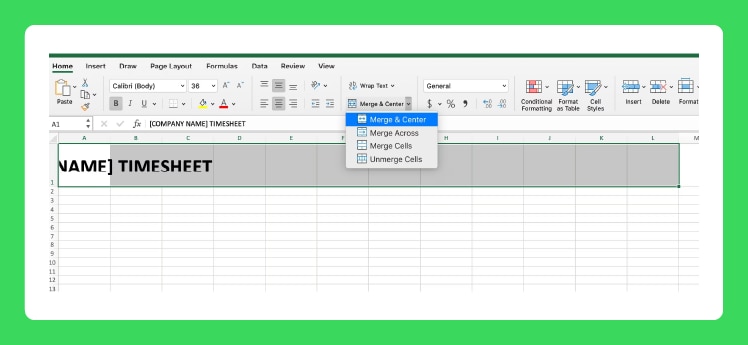 A screenshot explaining how to create the title of your timesheet in Excel