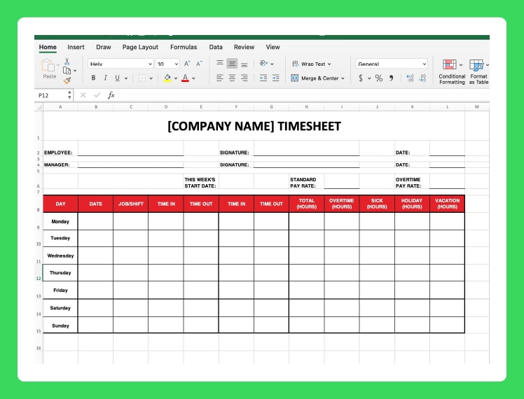 A screenshot explaining how to finish setting up the timesheet in Excel