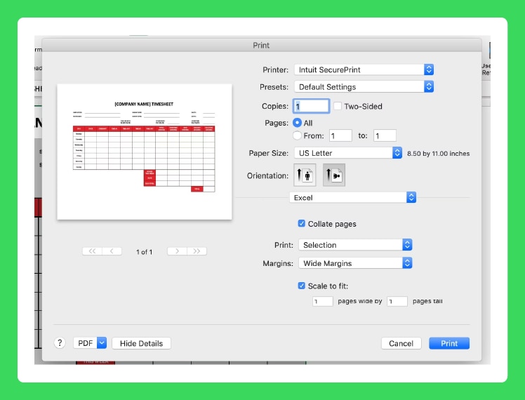 A screenshot explaining how to set up your timesheet in Excel for printing