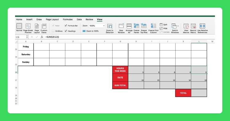 A screenshot showing how the formulas will look like in Excel