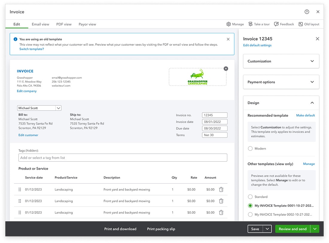 QuickBooks Payments invoice improvements screenshot